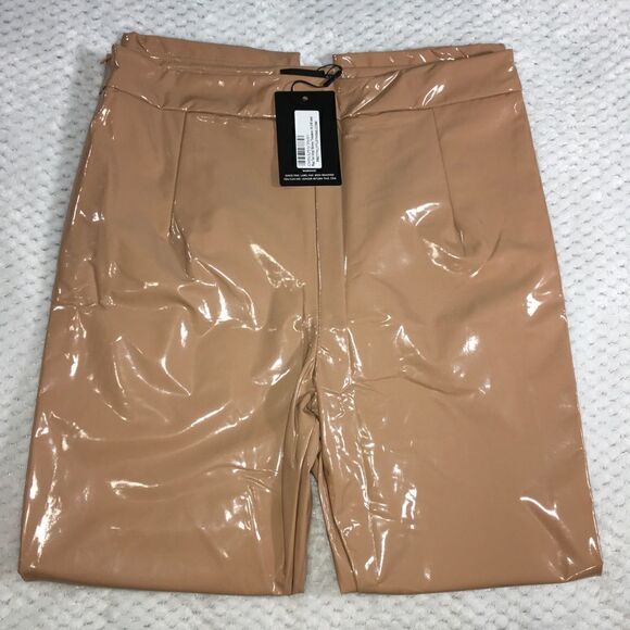 PrettyLittleThing Plus Tan Vinyl Skinny Trousers Size Medium - Picture 1 of 9